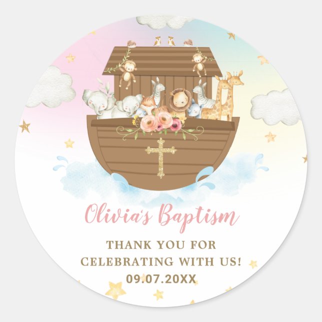 Noah's Ark Niedlicher Tiere Girl Baptism Christeni Runder Aufkleber (Vorderseite)