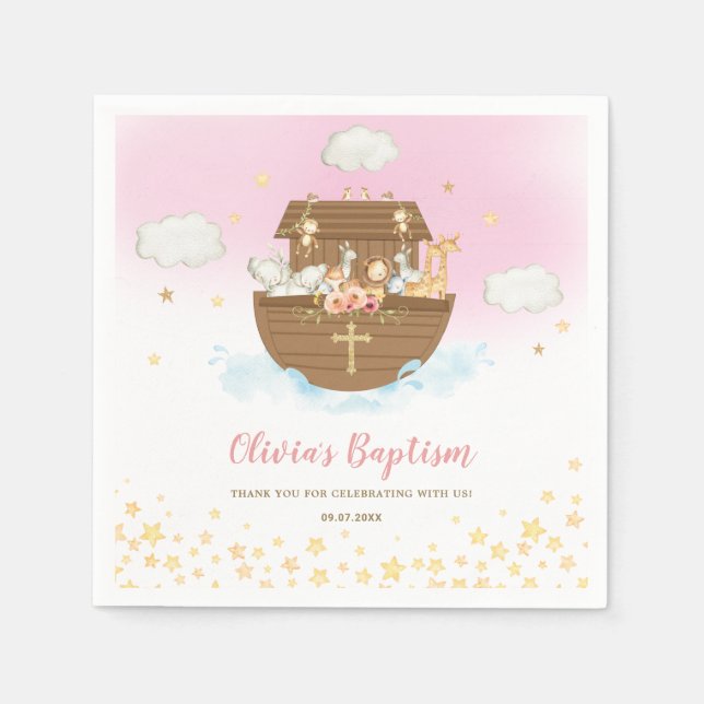 Noah's Ark Niedlicher Tiere Girl Baptism Christeni Serviette (Vorderseite)