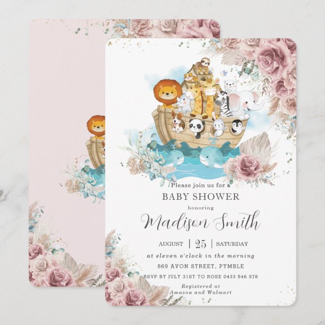 Noah's Ark Pampas Grass Blush Floral Baby Dusche Einladung (Vorne/Hinten)