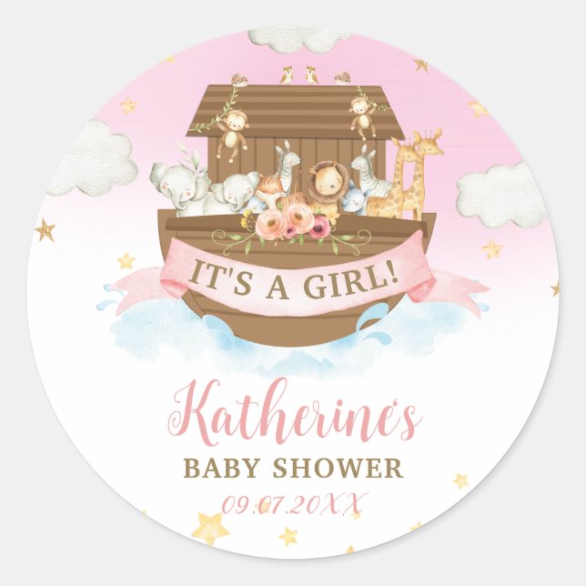 Noah's Ark Pink Animals Girl Baby Duwer Gefallen Runder Aufkleber (Vorderseite)