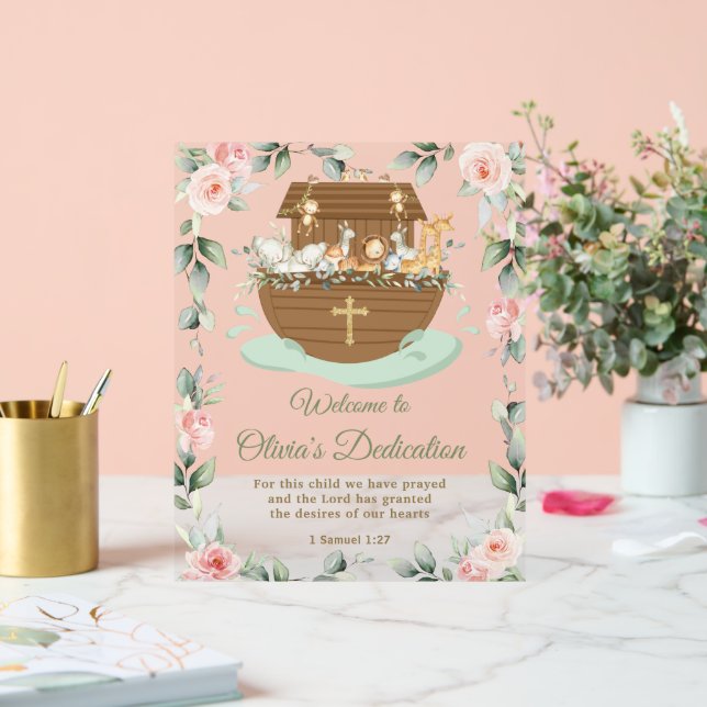 Noah's Ark Pink Floral Dedications Christening (Mariage)