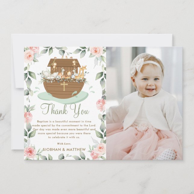 Noah's Ark Pink Floral Girl Taufe Christening Dankeskarte (Vorderseite)