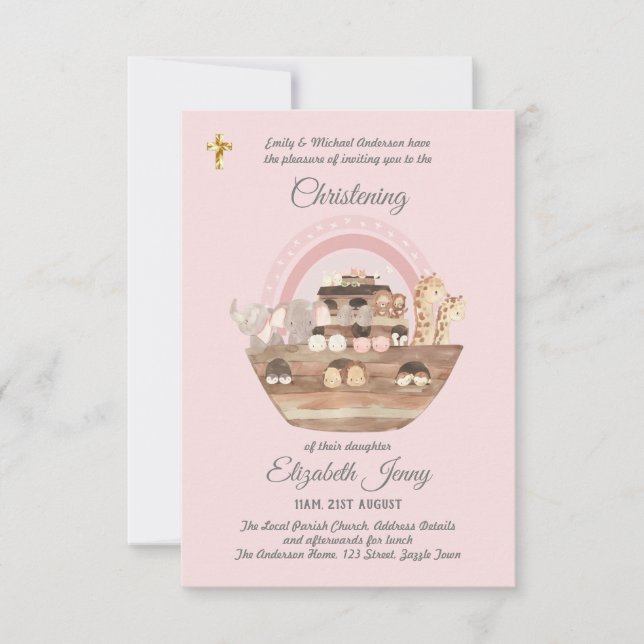 Noahs Ark Pink Girls Christening laden zur Taufe e (Vorderseite)