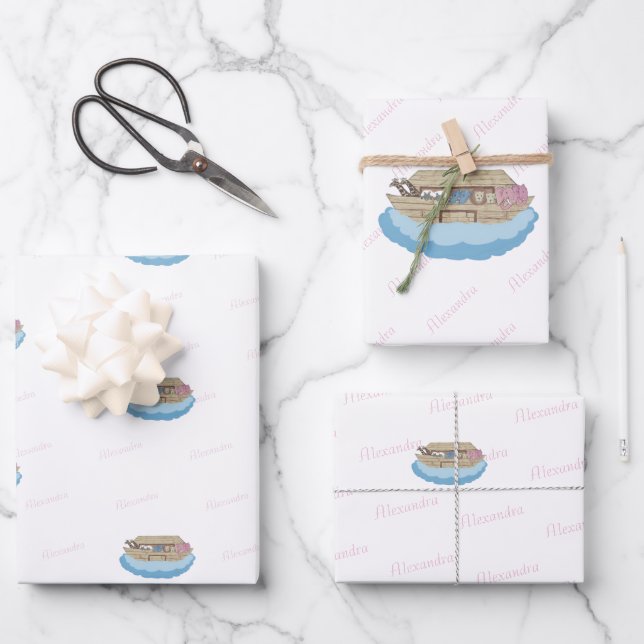 Noah's Ark Pink Script Girl Baby Shower Geschenkpapier Set (Vorderseite)