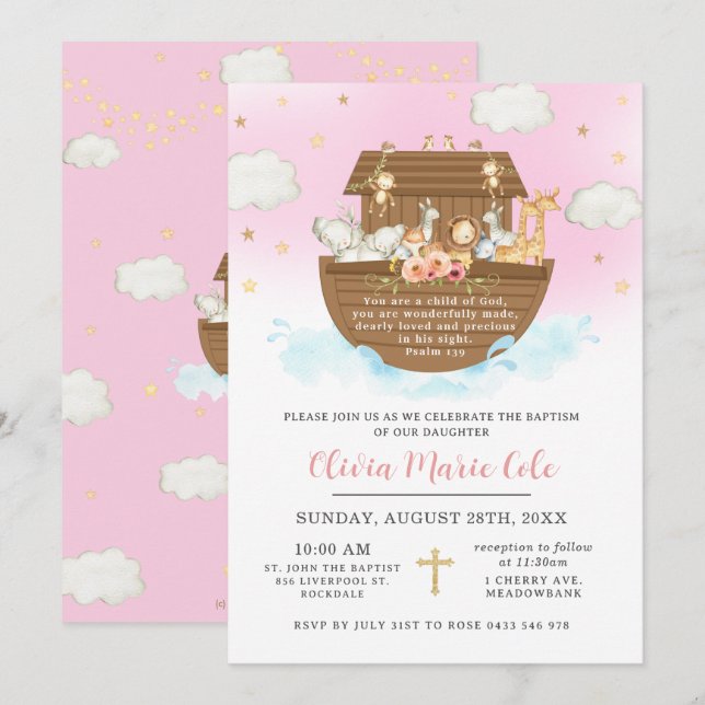 Noahs Ark Pink Taufe Christening Dedication Einladung (Vorne/Hinten)