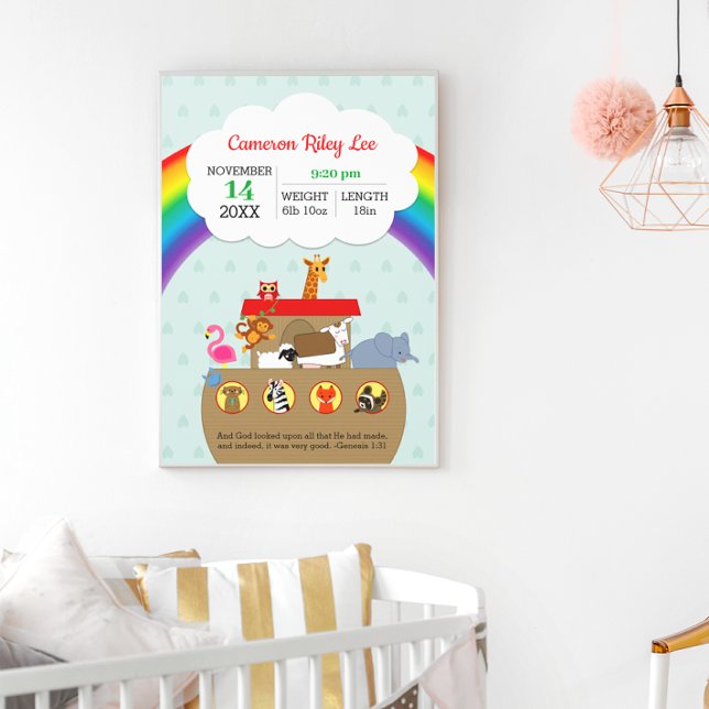 Noah's Ark Rainbow Personalisiert Baby Birth Poster (Von Creator hochgeladen)