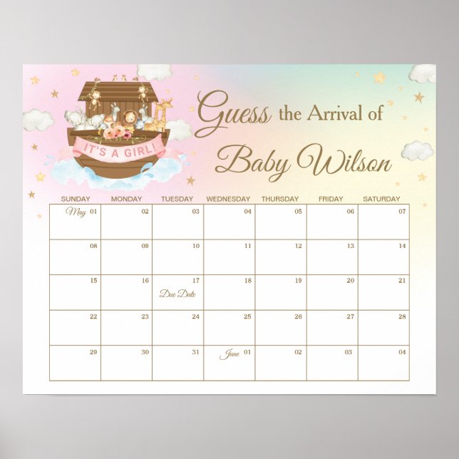 Noah's Ark Rainbow Pink Guess Baby's Due Date Game Poster (Vorne)