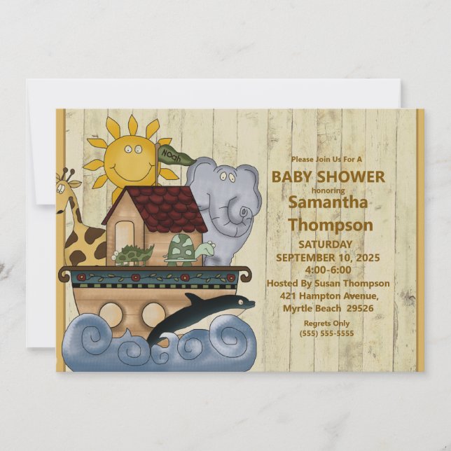 Noah's Ark Wood Baby Shower Einladung (Vorderseite)
