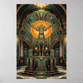 Noble Art Deco Stag Deer Golden Silhouette Poster
