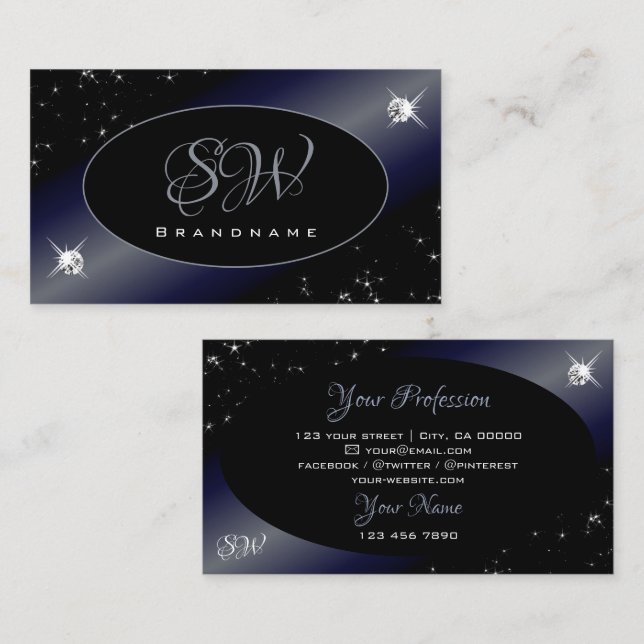 Noble Black Blue Glitzer Stars Diamonds Monogram Visitenkarte (Vorne/Hinten)