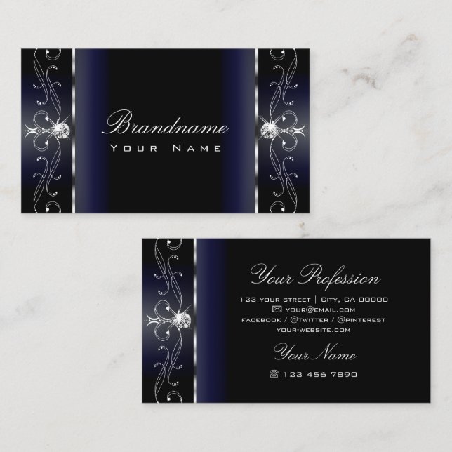 Noble Black Blue White Squiggled Jewels Ornamental Visitenkarte (Vorne/Hinten)