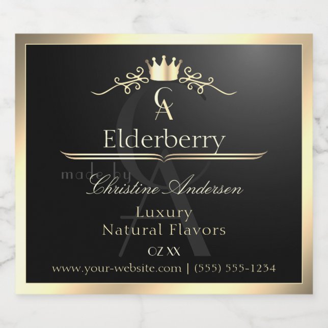 Noble Black Product Label with Gold Frame Monogram Alkoholflaschenetikett (Einzelnes Label)