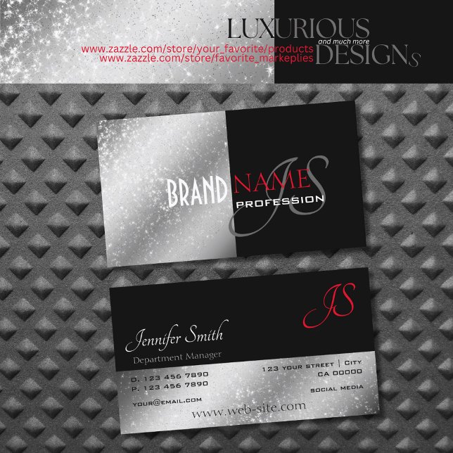 Noble Black Red Silver Glittery Stars und Initiale Visitenkarte (Von Creator hochgeladen)