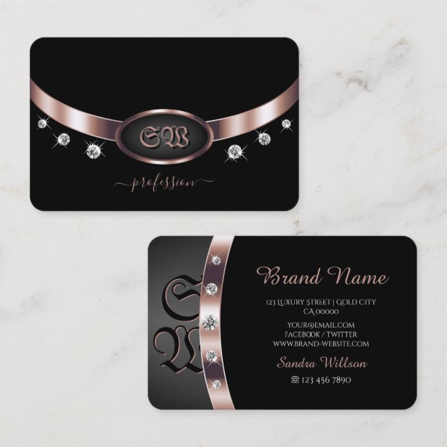 Noble Black Rose Gold Shiny Diamonds mit Initialen Visitenkarte (Vorne/Hinten)