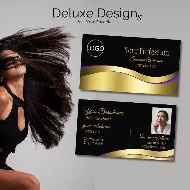 Noble Black Wavy Gold Dekoration mit Logos und Fot Visitenkarte (Von Creator hochgeladen)