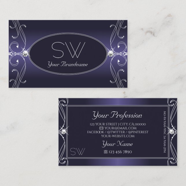 Noble Blue Ombre Verziert Sparkle Diamonds Monogra Visitenkarte (Vorne/Hinten)