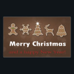 Noble Christmas Gingerbread Cookies Rechteckiger Aufkleber<br><div class="desc">Elegant and delicious Christmas illustration: Decorated gingerbread man,  gingerbread snowflake,  gingerbread Christmas tree,  gingerbread reindeer and gingerbread bell with Merry Christmas greeting on a brown bokeh background.</div>