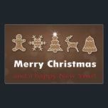 Noble Christmas Gingerbread Cookies Rechteckiger Aufkleber<br><div class="desc">Elegant and delicious Christmas illustration: Decorated gingerbread man,  gingerbread snowflake,  gingerbread Christmas tree,  gingerbread reindeer and gingerbread bell with Merry Christmas greeting on a brown bokeh background.</div>