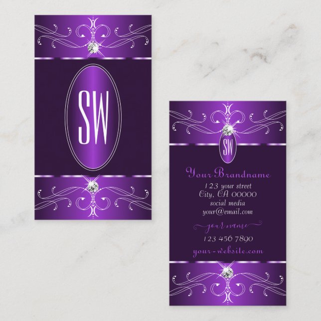 Noble Dark Lila Lilac Verziert Ornaments Initialen Visitenkarte (Vorne/Hinten)