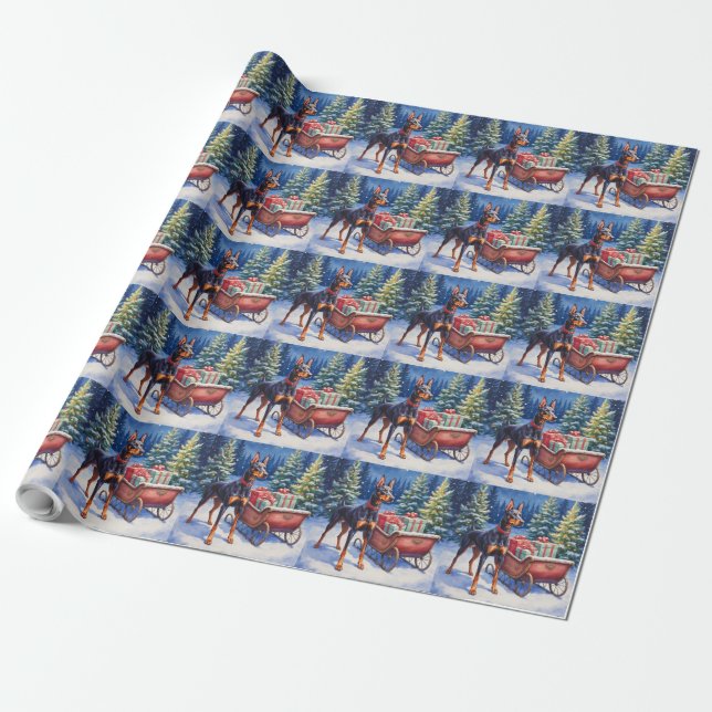 Noble Doberman Guarding Christmas Sleigh Winter Geschenkpapier (Ungerollt)
