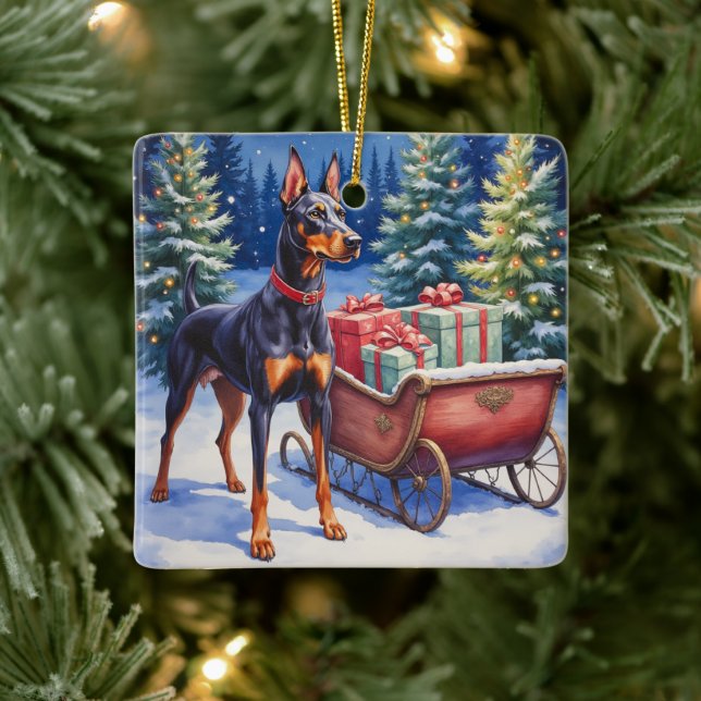 Noble Doberman Guarding Christmas Sleigh Winter Keramikornament (Baum)