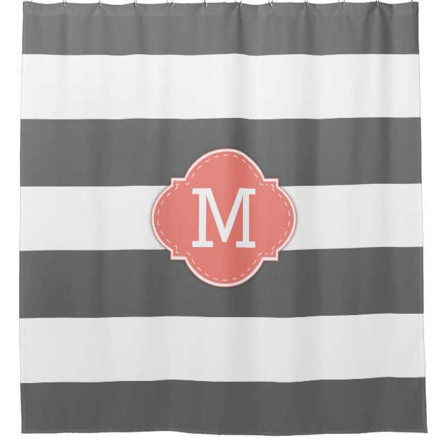 Noble dunkelgraue und weiße Streifen mit Monogramm Duschvorhang (Vorderseite)
