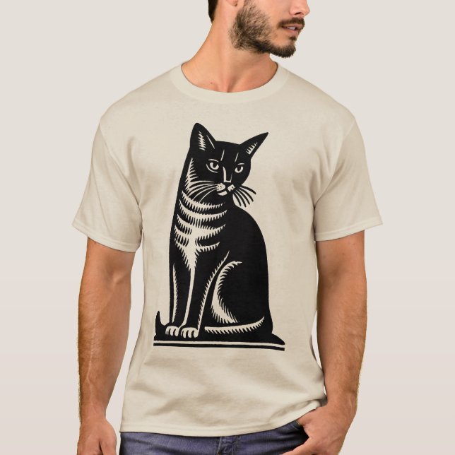 Noble Feline Woodcut Style T-Shirt (Vorderseite)