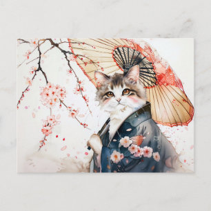 Noble Geisha Katze mit Bambusschirm auf Chinesisch Postkarte