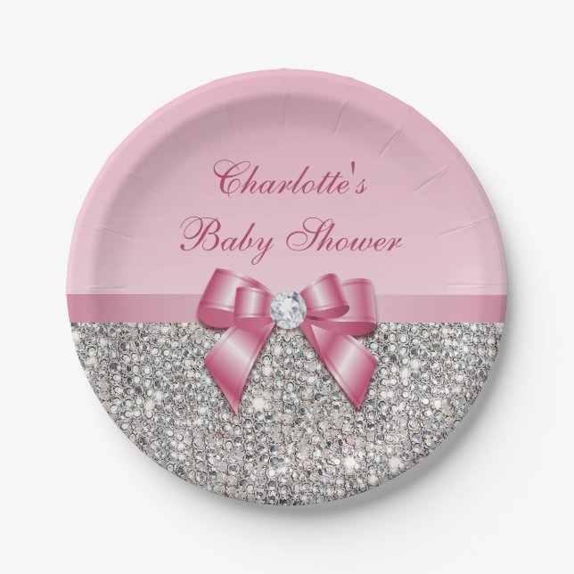 Noble rosa Bogen-Silber-Paillette-Babyparty Pappteller (Vorderseite)