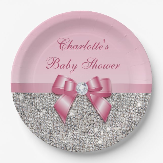 Noble rosa Bogen-Silber-Paillette-Babyparty Pappteller (Vorderseite)