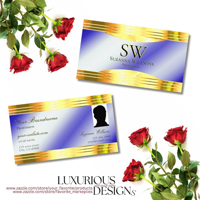 Noble Royal Blue Shiny Gold Borders Monogram Foto Visitenkarte (Von Creator hochgeladen)
