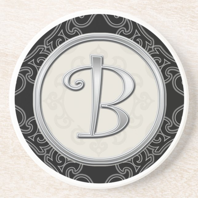 Noble silberne Monogramm-Initiale Sandstein Untersetzer (Vorne)