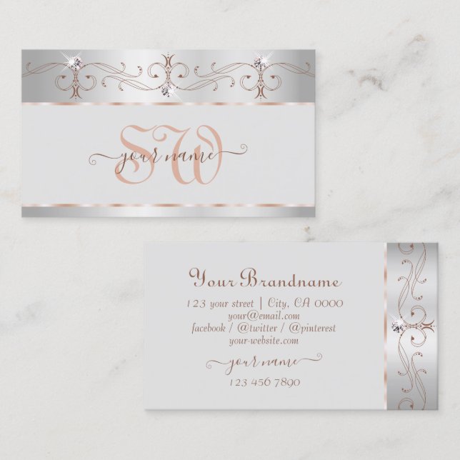 Noble Silver Rose Verziert Sparkor Diamonds Monogr Visitenkarte (Vorne/Hinten)