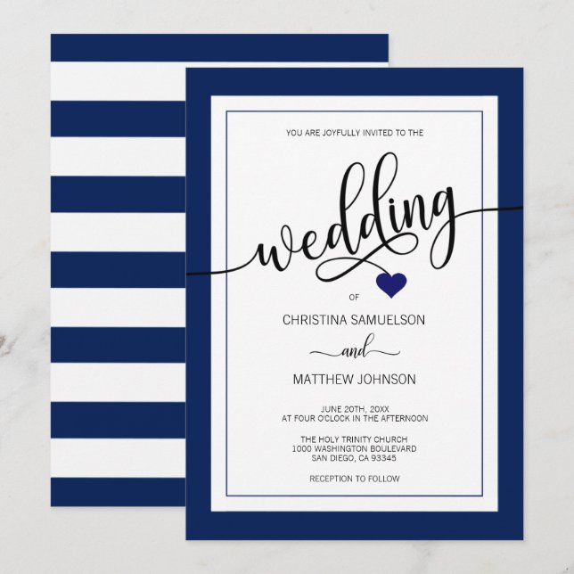 Noble Streifen-Marine-Blau-Seehochzeit Einladung (Vorne/Hinten)