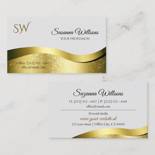 Noble Wavy Gold Dekoration auf Light Gray mit Mono Visitenkarte (Vorne/Hinten)