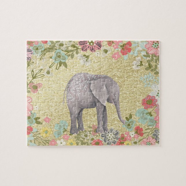 Nobler Aquarell-Elefant-Blumenrahmen-Goldfolie (Horizontal)