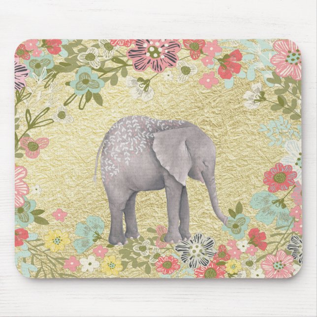 Nobler Aquarell-Elefant-Blumenrahmen-Goldfolie Mousepad (Vorne)
