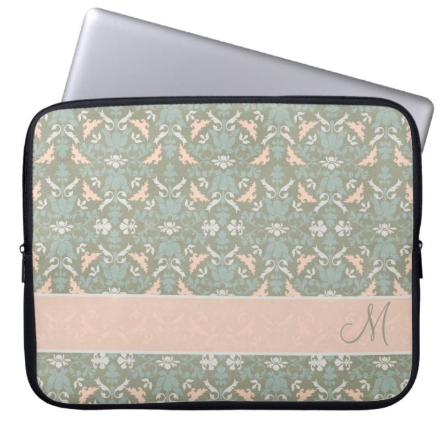 Nobler Blumenmonogramm-Damast Laptopschutzhülle (Vorderseite)