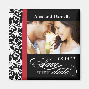 Nobler Damast Save the Date mit rotem Akzent Magnet