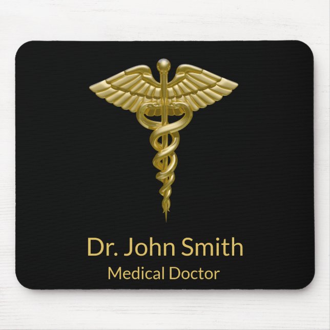 Nobler medizinischer GoldCaduceus auf Schwarzem - Mousepad (Vorne)
