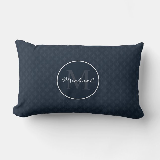 Nobles dunkles Marine-Blau-Gewohnheits-Monogramm Lendenkissen (Vorderseite)