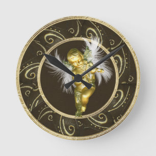 Nobles GoldVintager Engel u. Violinen-Uhr Runde Wanduhr