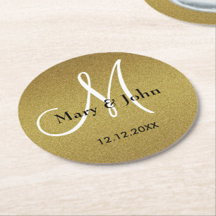 Nobles Hochzeits-Monogramm-Glitzer-Gold Runder Pappuntersetzer