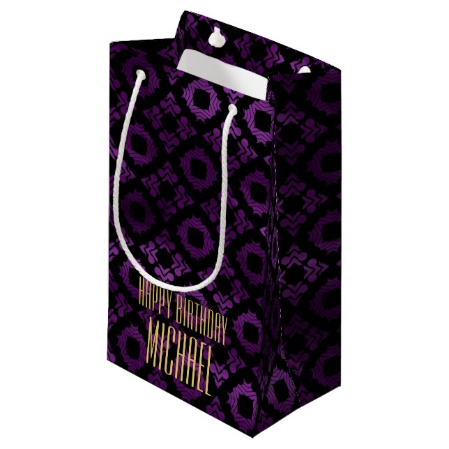Nobles Lila, schwarz und Gold Kleine Geschenktüte (Vorderseite Schrägansicht)