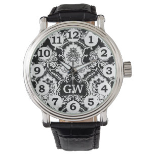 Nobles männliches Schwarz-weißes Damast-Monogram Armbanduhr