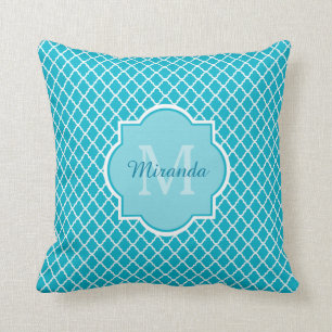 Nobles Türkis-Blau Quatrefoil Monogramm und Name Kissen