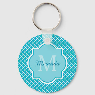 Nobles Türkis-Blau Quatrefoil Monogramm und Name Schlüsselanhänger