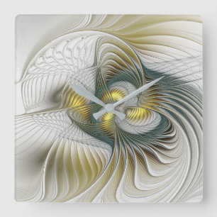 Nobly Golden Teal Abstract Fantasy Fractal Art Quadratische Wanduhr