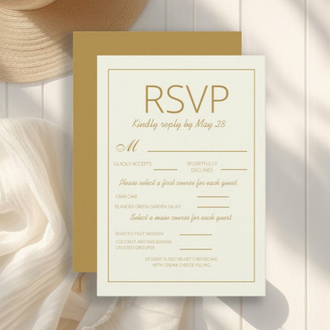 Noces d'or ivoire moderne RSVP choix de repas (Gold and white vertical wedding RSVP card)
