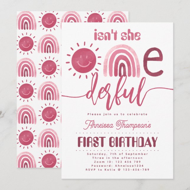 Noch einmal pink Rainbow Sunshine Virtual Birthday Einladung (Vorne/Hinten)